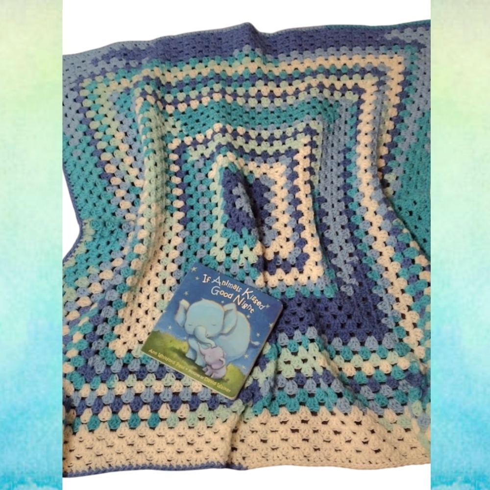 Handmade crochet baby blanket & Elephant book / Square 34" x 34" throw for boys